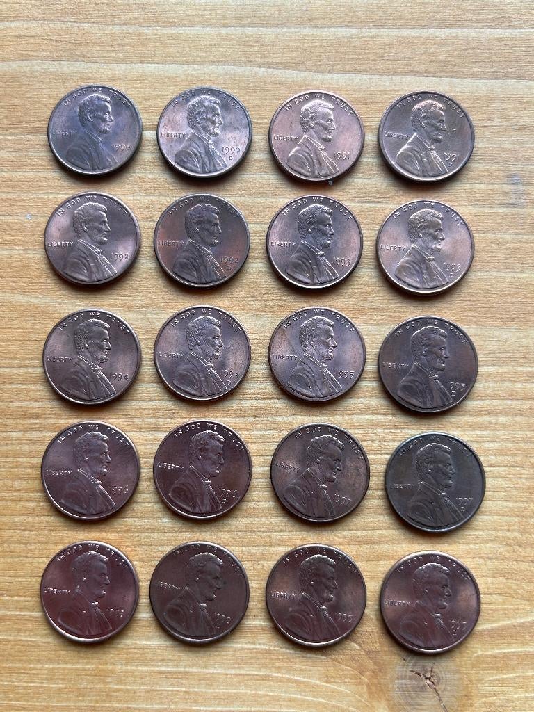 Complete set Amerikaanse pennies 1990 - 1999 uitgezonderd S, Ophalen of Verzenden, Noord-Amerika