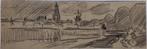 Jan van Essen krijttekening "Kerkdorp met Molen en Donkere W, Antiek en Kunst, Ophalen