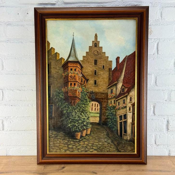 Olieverf Schilderij Duits Dorp, Antiek en Kunst, Kunst | Schilderijen | Klassiek, Ophalen of Verzenden