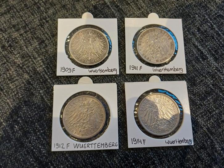 Set 4 stuks 3 Mark Wuertemberg Zilver Kwaliteit, Postzegels en Munten, Munten | Europa | Niet-Euromunten, Setje, Duitsland, Zilver