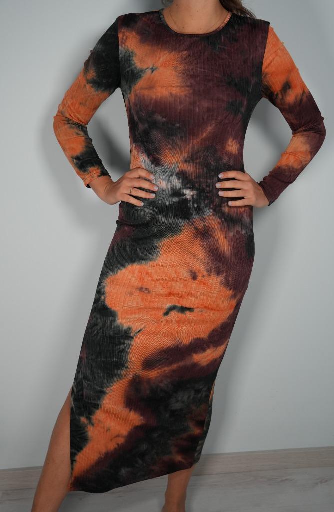 Tie-Dye Ribbed Long Dress – Size 36/38 – Orange/Black, Kleding | Dames, Jurken, Zo goed als nieuw, Maat 36 (S), Overige kleuren