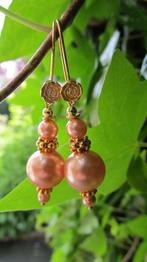 Oorbellen Franska perzik parels swarovski goud, Hangers, Nieuw, Oranje, Goud