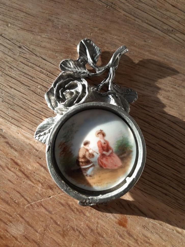 Waxinelichthouder met porselein plaatje, Pewter Tin, Antiek en Kunst, Antiek | Tin, Ophalen