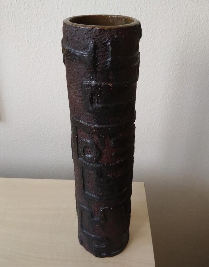 Retro vintage kokervaas vaas brutalisme bruin 7,5x32 cm, Huis en Inrichting, Woonaccessoires | Vazen, Gebruikt, Overige kleuren
