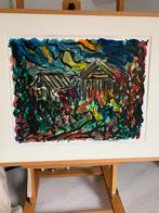 Aquarel met hutten in bos,van Jan de Beus., Antiek en Kunst, Ophalen of Verzenden
