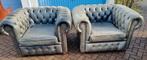 2 Engelse Chesterfield XL fauteuils antraciet leer + BEZORGD