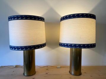 SET/2 Vintage Messing Tafellampen met Zijden Kap beschikbaar voor biedingen