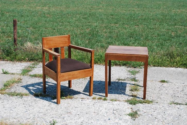 Art Deco stoel en tafel, Huis en Inrichting, Stoelen, Gebruikt, Eén, Hout, Stof, Bruin, Ophalen