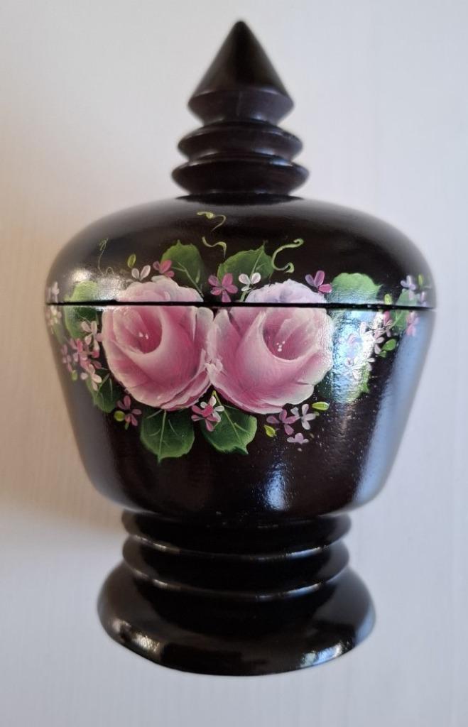 Vintage zwart houten potje met deksel met roze rozen, Antiek en Kunst, Curiosa en Brocante, Ophalen of Verzenden