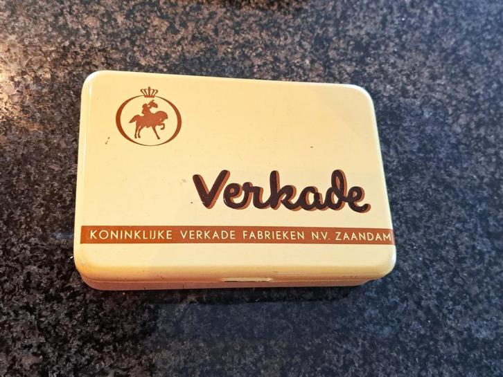 Verkade vertegenwoordigers chocolade blikje met ruiter 1950, Verzamelen, Blikken, Gebruikt, Koek(jes), Verkade, Ophalen of Verzenden