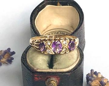 Gouden vintage ring amethist diamant maat 17,5