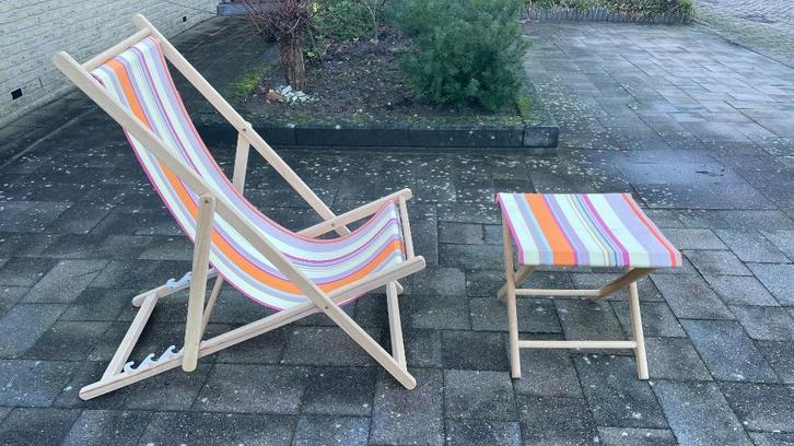 Retro strandstoel, Tuin en Terras, Tuinstoelen, Nieuw, Hout, Inklapbaar, Stapelbaar, Verstelbaar, Ophalen