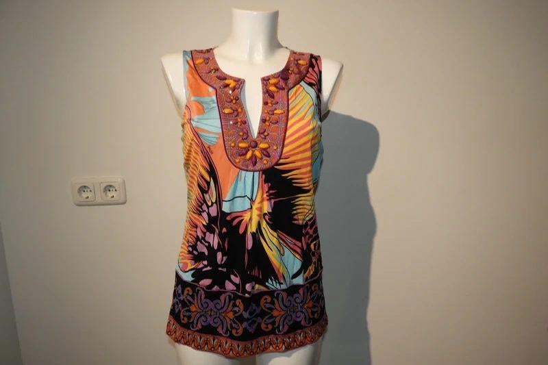 Hale Bob stretch top Ibiza print kralen halslijn mt S