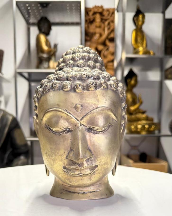 Bronzen Boeddha Hoofd Fragment – Laos, Huis en Inrichting, Woonaccessoires | Boeddhabeelden, Gebruikt, Ophalen of Verzenden