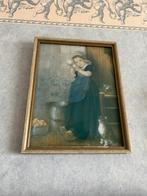 Schilderijtje meisje met schelp poes kat romantisch barok, Antiek en Kunst, Ophalen of Verzenden