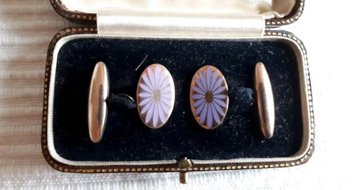 Verguld / Rolled Gold Art Deco Manchetknopen, Lila Emaille., Sieraden, Tassen en Uiterlijk, Manchetknopen, Overige materialen