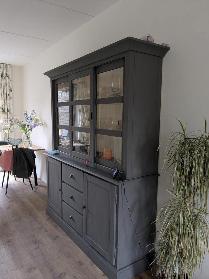 Grijze Buffetkast met Vitrine, Huis en Inrichting, Kasten | Buffetkasten, Gebruikt, 200 cm of meer, 150 tot 200 cm, 25 tot 50 cm