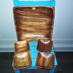 Houten vierkante snack schaal en 4 snack bakjes, Huis en Inrichting, Ophalen, Gebruikt, Schaal, Vierkant