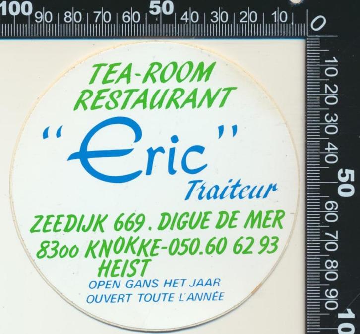 Sticker: Tea Room Restaurant Eric - Knokke Heist (2), Verzamelen, Stickers, Zo goed als nieuw, Bedrijf of Vereniging, Ophalen of Verzenden