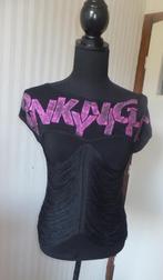 Boho Ibiza stijl glamour top, roze glitters en franjels 36 S, Verzenden, Zwart, Korte mouw, Maat 36 (S)