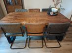 EETHOEK INDUSTRIEEL MANGOHOUT MET 6 STOELEN, Huis en Inrichting, Tafels | Eettafels, Ophalen, Gebruikt, 50 tot 100 cm, Vijf personen of meer