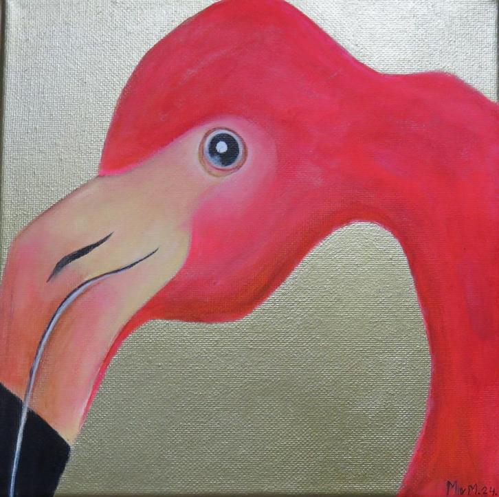 schilderij Flamingo 2 20x20cm, Huis en Inrichting, Woonaccessoires | Schilderijen, Tekeningen en Foto's, Zo goed als nieuw, Schilderij