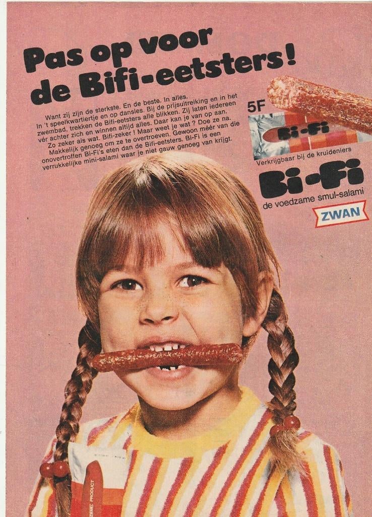 Retro reclame 1970 Bi-Fi worstjes meisje met vlechtjes, Verzenden, Overige typen