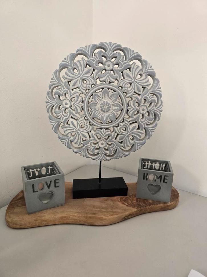 Houten serveerplank met mandala en theelichthou, Huis en Inrichting, Woonaccessoires | Overige, Zo goed als nieuw, Ophalen of Verzenden