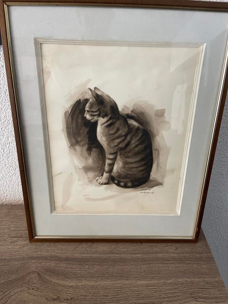 Cyperse Kat - Penseeltekening Sepia door Jan Camphuijs, Ophalen of Verzenden