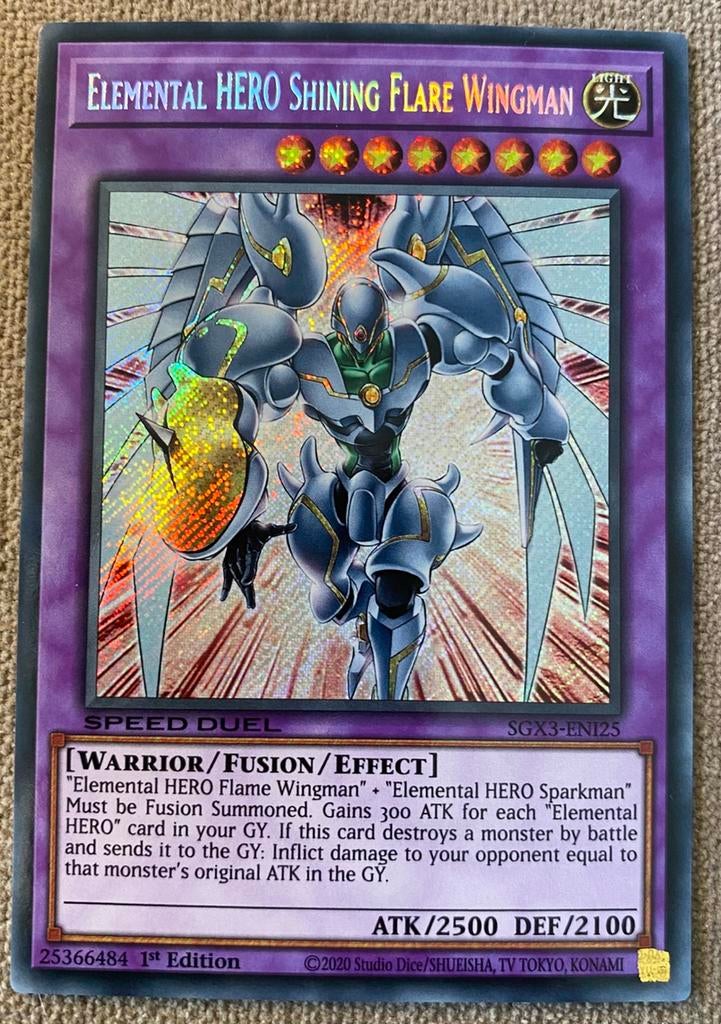 Yu-Gi-Oh! Elemental HERO Shining Flare Wingman SGX3 1st !, Ophalen of Verzenden, Zo goed als nieuw, Losse kaart