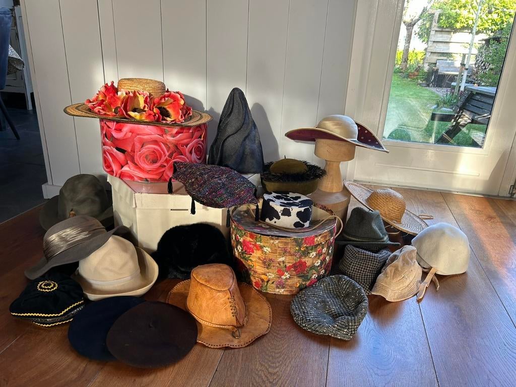 Diverse hoeden en dozen en houten klos, Ophalen, Hoed, One size fits all, Onbekend