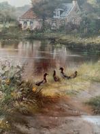 Schilderij Landschap met Eenden en Boerderij, Antiek en Kunst, Kunst | Schilderijen | Klassiek, Ophalen of Verzenden