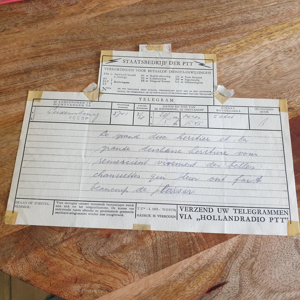 Bedank telegram hertog luxemburg, Verzamelen, Ophalen of Verzenden, Kaart, Foto of Prent