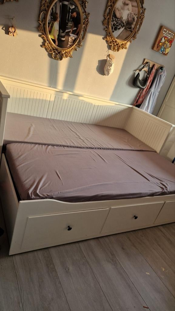 IKEA Hemnes Bedbank - Wit, Uitschuifbaar met Lades, Ophalen, Scandinavisch, Klassiek, Wit, Tweepersoons