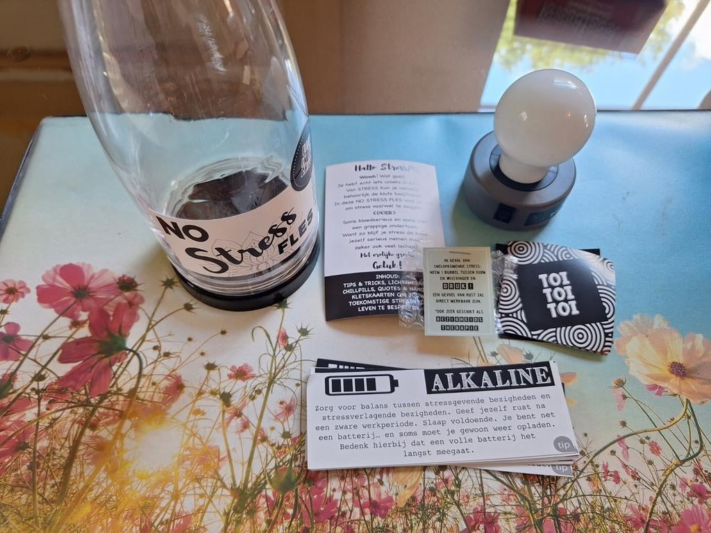 No Stress Fles met Kletskaarten en Tips, Ophalen of Verzenden