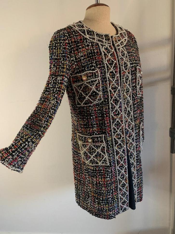 Edward Achour Paris Jas lange blazer parels zwart multi 38/M, Kleding | Dames, Jassen | Zomer, Zo goed als nieuw, Maat 38/40 (M)