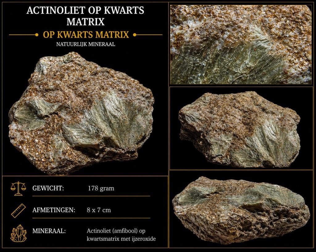 Actinoliet op kwarts – kristal cluster op matrix – uniek stu, Ophalen of Verzenden
