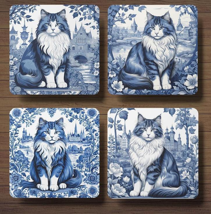 Noorse Boskat Delfts Blauw onderzetters met houder, Huis en Inrichting, Woonaccessoires | Onderzetters, Nieuw, Glas of Kopje, Ophalen of Verzenden