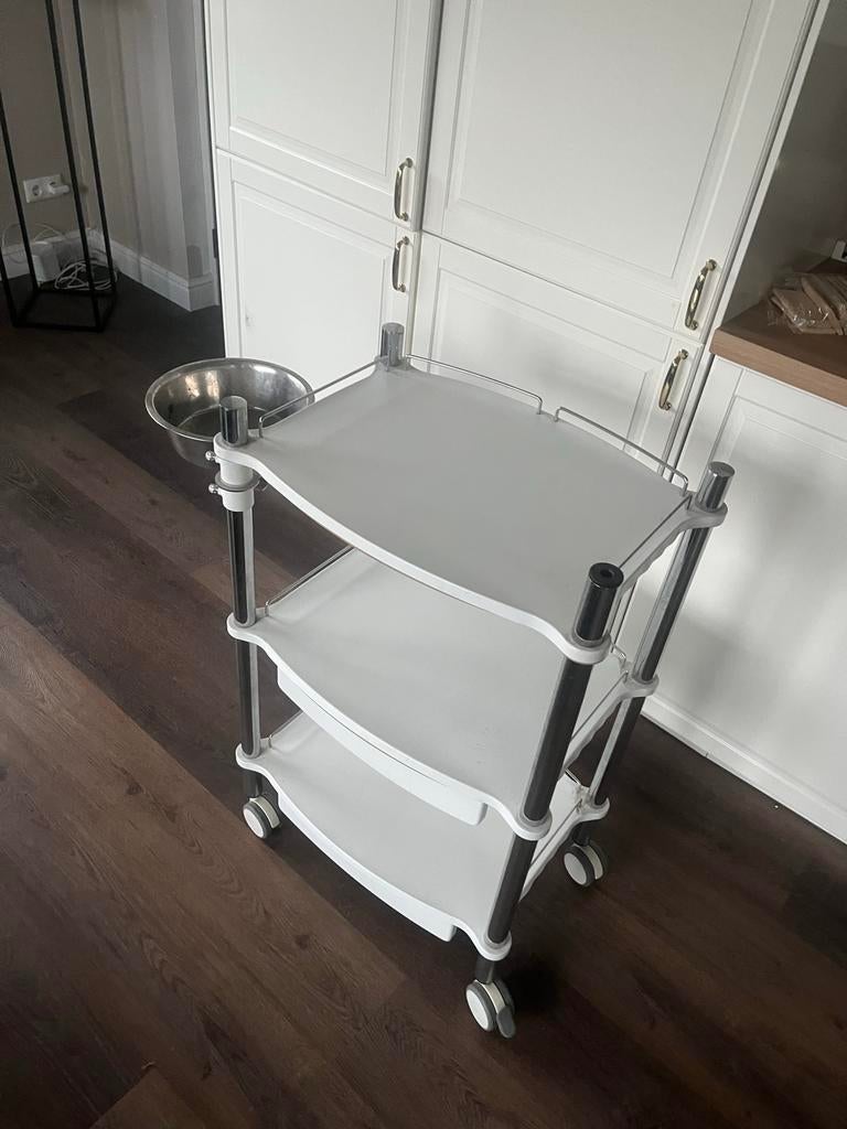 Witte verrijdbare trolley  werk tafel  salon  en kom, Ophalen of Verzenden, Gebruikt