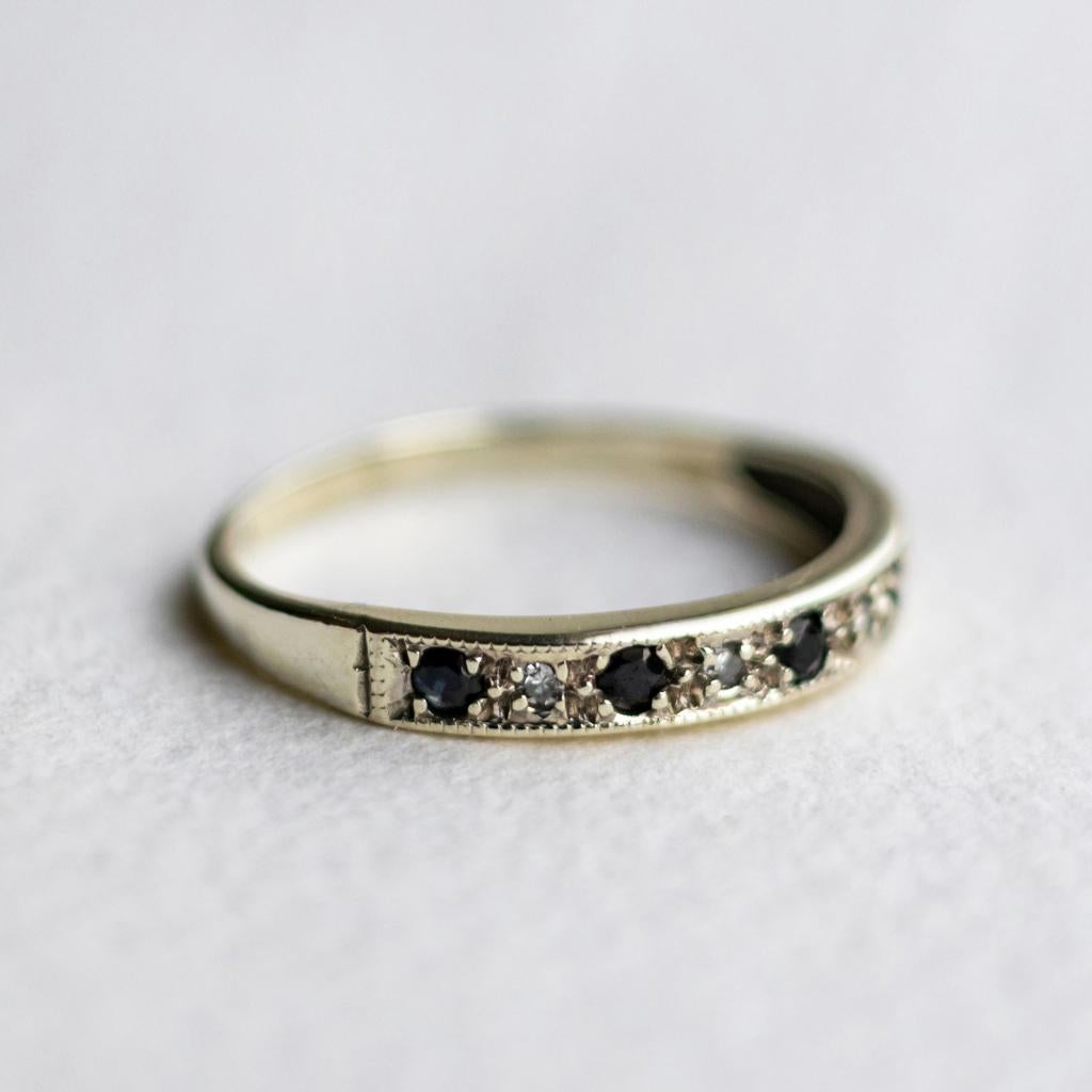 Vintage 9K witgoud Half eternity ring Saffier Diamant -17,25, Wit, Ophalen of Verzenden, Zo goed als nieuw, 17 tot 18