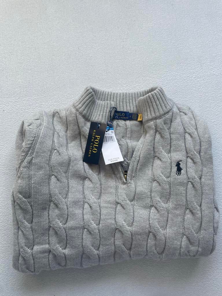 Polo Ralph Lauren kabeltrui met rits, maat L, Ophalen of Verzenden, Nieuw, Maat 52/54 (L), Grijs