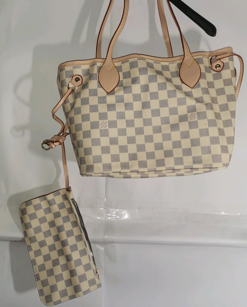 Louis Vuitton Neverfull Damier Azur met Pochette, Verzenden, Gebruikt, Beige, Handtas