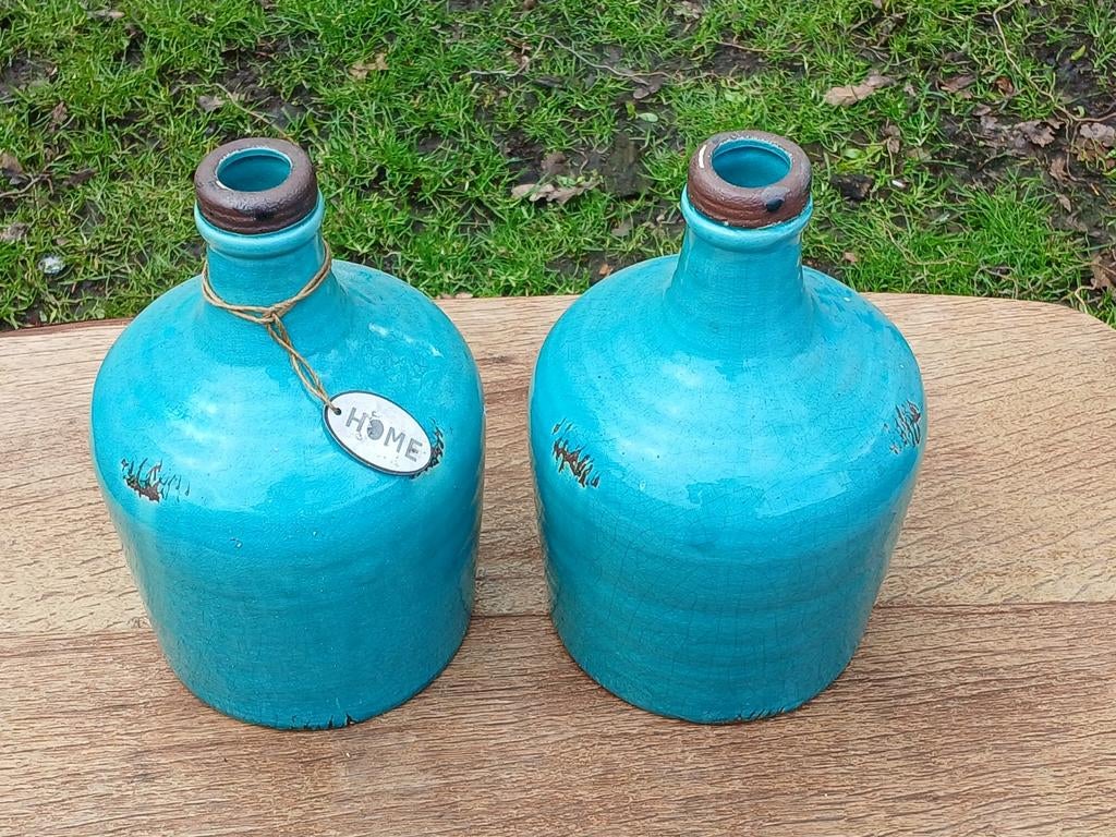 Set van 2 turquoise decoratieve flessen, Gebruikt, Blauw, Aardewerk of Porselein, Ophalen of Verzenden