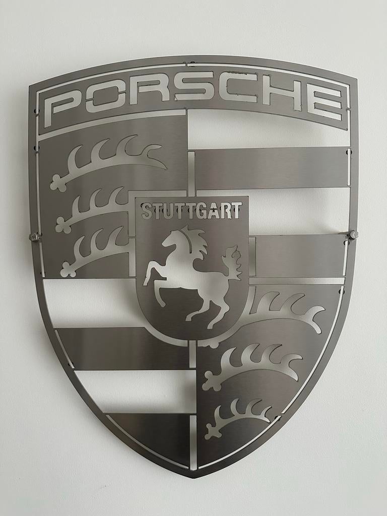 RVS Porsche logo 53x40cm voor mancave of garage, Ophalen of Verzenden, Zo goed als nieuw, Auto's