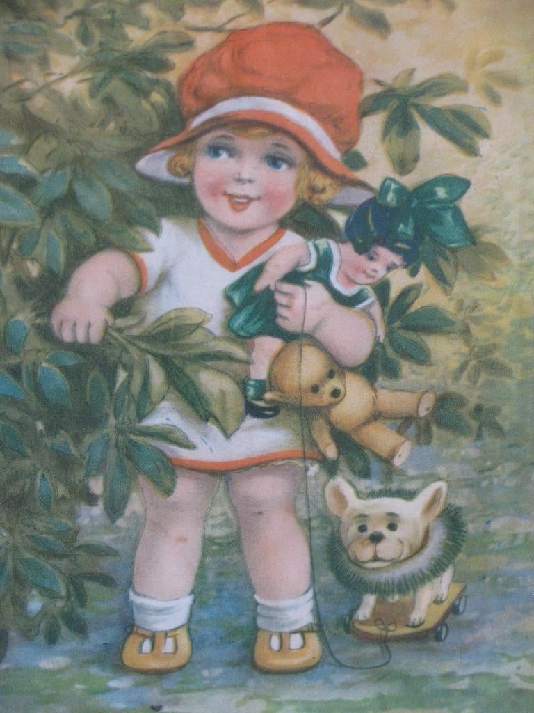 Vintage Prent in Houten Lijst - Meisje Pop Teddybeer Hond, Antiek en Kunst, Verzenden