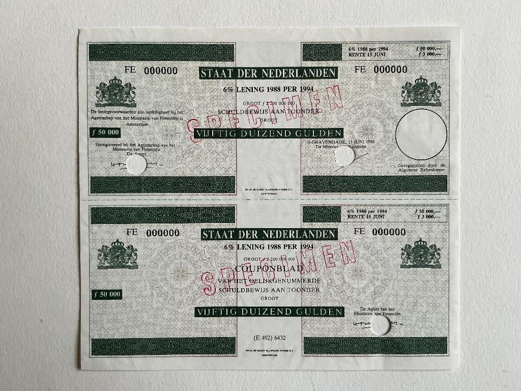 6% Staatslening1988 per 1994, 50.000 Gulden, Specimen, Postzegels en Munten, Aandelen en Waardepapieren, Ophalen of Verzenden