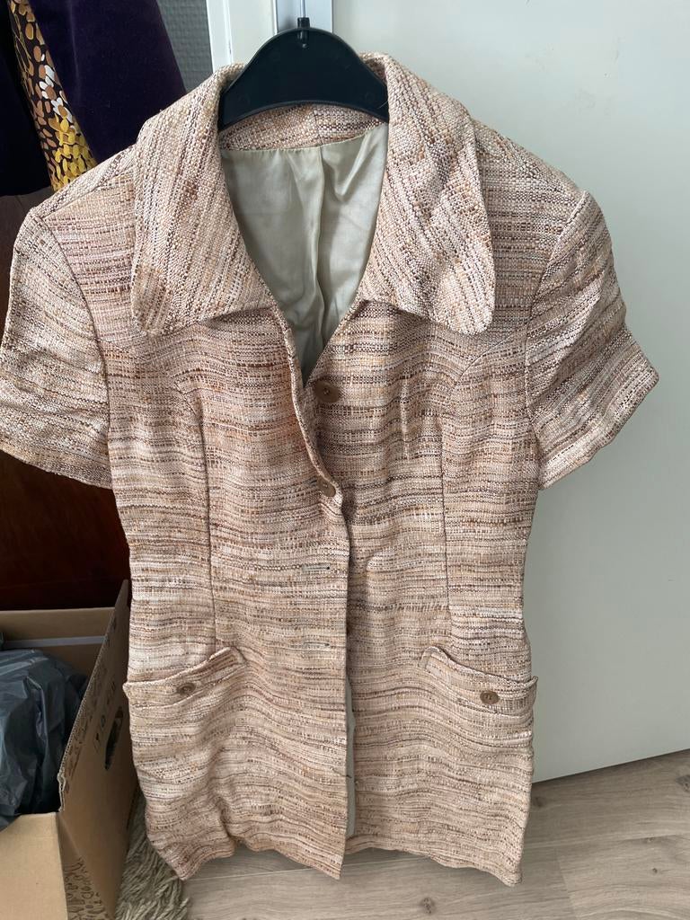 Stijlvol vintage jurk - Beige/Bruin Tweed Look, Ophalen of Verzenden, Zo goed als nieuw, Maat 38/40 (M), Beige
