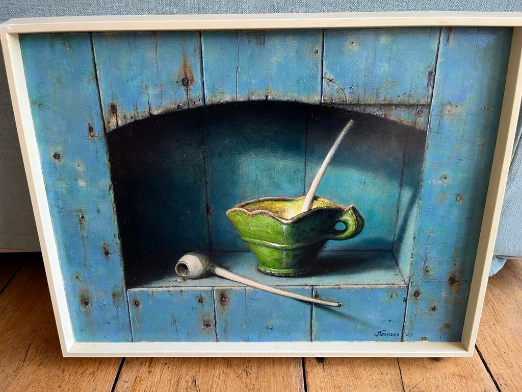 Olieverf schilderij Willie Berkers - Stilleven met pijp, Antiek en Kunst, Ophalen of Verzenden