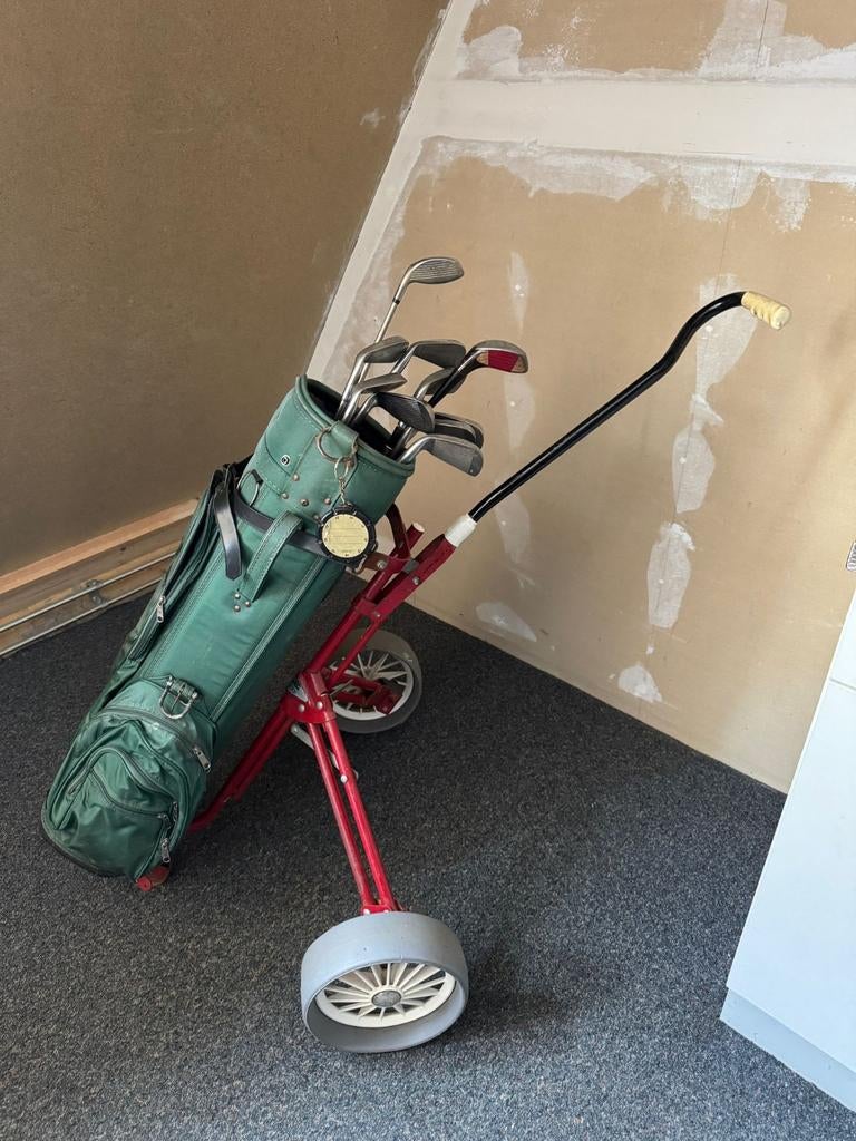 Vintage golfset met tas, clubs en trolley, Ophalen, Gebruikt, Set