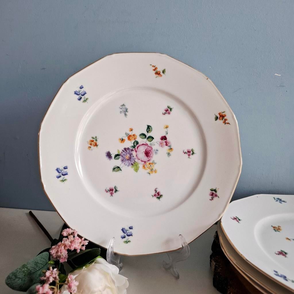 Union T, 4 antieke dinerborden met bloemmotief, Antiek en Kunst, Ophalen of Verzenden